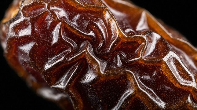 Macro view of single fresh date fruit. Glossy brown skin shows detailed wrinkled texture, sweet juicy surface. Close up shot of organic dried fruit with shiny reflections on dark background. Healthy