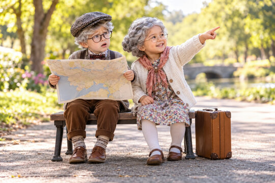 Two senior children sit on a park bench with a map and suitcase, pointing toward a destination during an outdoor adventure.