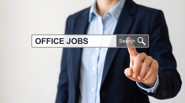Professional touching office jobs search bar on digital screen