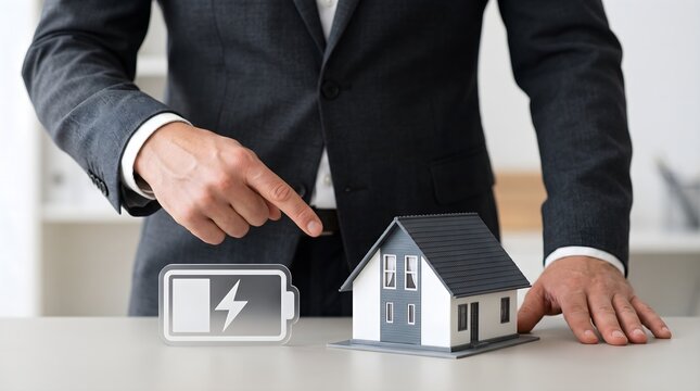 Professional pointing at model house next to digital battery icon