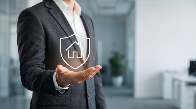 Professional in suit presenting digital house inside glowing shield