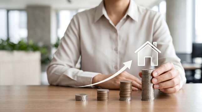 Person stacking coins with upward arrow and glowing house icon