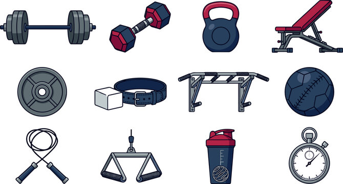 Fitness and Gym Workout Equipment Icon Set with Barbell Dumbbell Kettlebell Bench and Stopwatch Symbols for Bodybuilding and Crossfit Training Designs