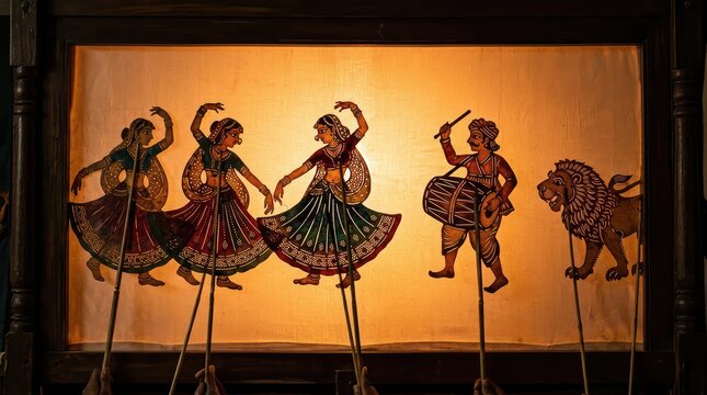 Traditional indian shadow puppets showing female dancers and a drummer on a bright yellow illuminated screen