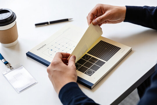 Hands turning a page in a training workbook of abstract grid
