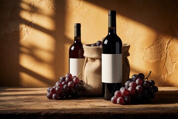 Naklejka premium Elegant wine bottle mockup with blank white label on rustic wooden table. Red grapes, burlap sack sit near dark glass bottles. Warm sunlight creates shadows in vintage winery setting with farmhouse