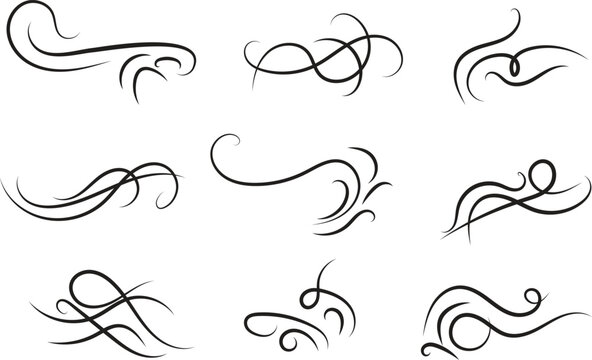 Elegant black swirl flourishes set featuring decorative calligraphic line art for wedding invitations and luxury branding