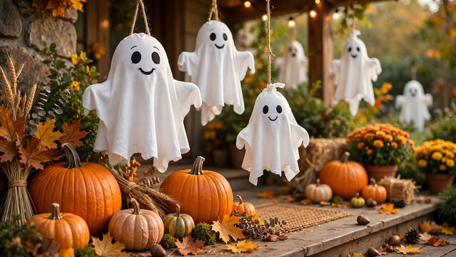Cute friendly ghost decorations with pumpkins for halloween