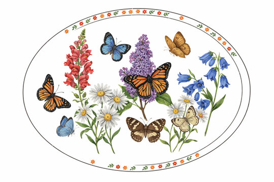 Colorful floral arrangement with butterflies and decorative border design