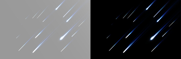 Bright light streaks flowing diagonally like fast meteors with sharp tips and soft neon trails  © Alehandro