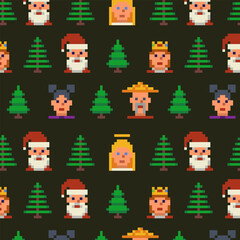 Fototapeta premium Seamless Christmas character pattern in retro 8-bit pixel art style. Nostalgic arcade aesthetic and calm holiday mood