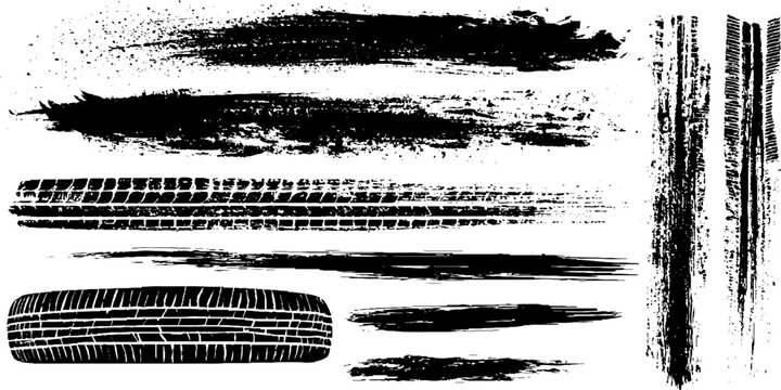 Abstract Tire Track Collection with Grunge Road Surface, Rough Rubber Patterns, Scratches, Dust, Dirt and Vintage Distressed Effect.