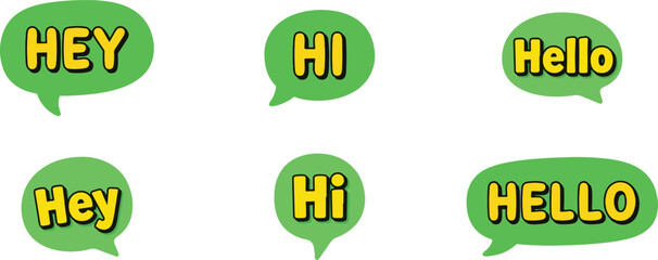 Colorful greeting speech bubbles with hey hi hello text for presentations and social media graphics © Nayan