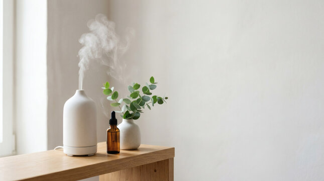 Ceramic aroma diffuser emitting mist beside eucalyptus on shelf