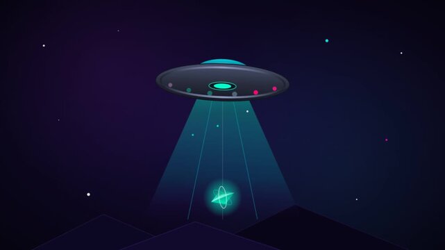 UFO spacecraft hovering in the night sky emitting a glowing tractor beam light.