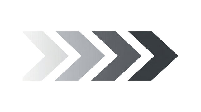 Minimalist horizontal sequence of four right pointing chevron arrowhead shapes in gradient shades of grey progressing from light off white to dark charcoal on a solid plain white background isolated