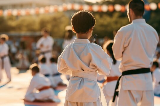Karate practice takes place outdoors with children in white uniforms during an event in the evening light