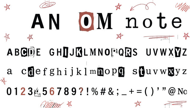 Alphabet, ransom note style letters and numbers with cut out paper and scribbled red markings