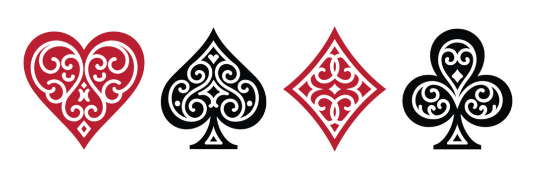 Playing Card Suit Designs featuring floral heart, spade, diamond, and club symbols, ornamental patterns, casino themes, gaming graphics, and decorative card artwork vector