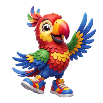 Vibrant cartoon parrot character waving its wing wearing colorful sneakers on white background isolated on a transparent background