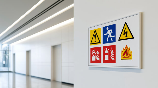 Workplace safety sign board with hazard icons on wall in office corridor.