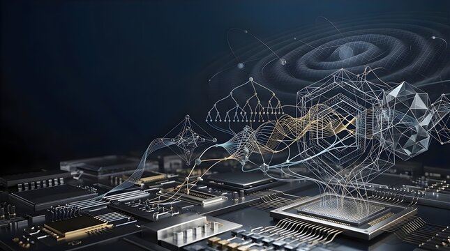 Abstract AI neural network wireframe emerging from computer chip on circuit board with dark background and copy space