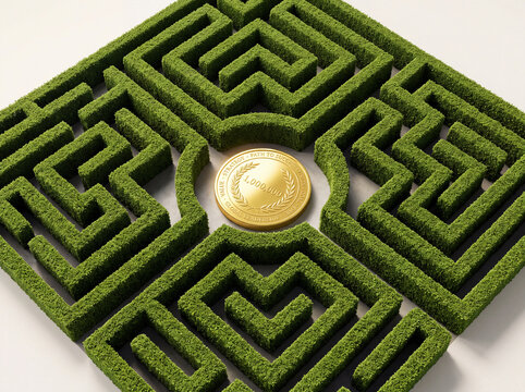 Moneda de oro gigante en el centro de un laberinto de setos verdes, concepto creativo de estrategia empresarial, &eacute;xito financiero y superaci&oacute;n de retos econ&oacute;micos