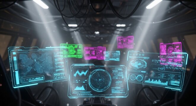 Futuristic Holographic Data Interface in Dark Spaceship Cockpit