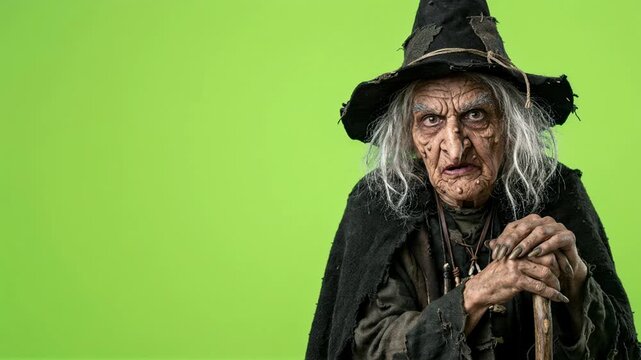 Old witch in black hat and tattered cloak leaning on wooden staff, looking at camera on green screen. Halloween character with copy space. Spooky fairytale sorceress.
