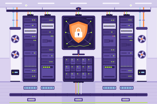 Cybersecurity Shield with Padlock in Data Center Server Room