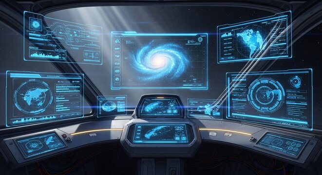 Futuristic Spaceship Cockpit Control Panel with Holographic Galaxy Map