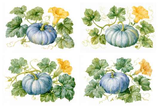 Set of four watercolor botanical illustrations of Queensland Blue Pumpkin, round slightly flattened ripe fruit in blue-gray with light ribbing, with sprawling vine and yellow flower