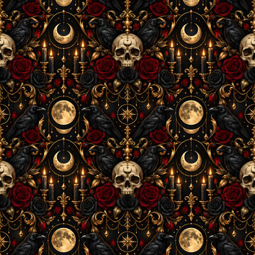 Gothic seamless pattern featuring ornate gold filigree human skulls black ravens red roses and glowing moon phases