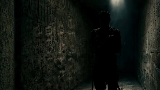 Mummy walking through dark ancient tomb corridor. Horror monster under beam of light. Halloween. Scary supernatural concept. Gothic horror background.