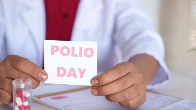 A doctor holding a sign reading "POLIO DAY." World Polio Day observance. Polio prevention and treatment.
