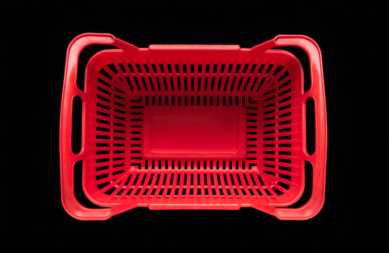 Overhead view of a vibrant red plastic shopping basket on png, shopping basket, green basket, plastic basket, store basket, supermarket basket, shopping container, retail, grocery, market, container