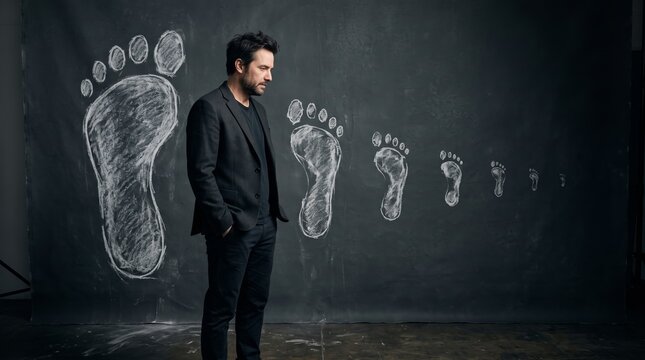 Thoughtful bearded man in dark blazer looking at chalk footprints shrinking into the distance