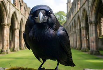 Fototapeta premium Mystery and folklore concept, black raven bird looking at camera with ancient gothic abbey ruins and stone arches in the background of a historic site