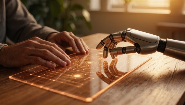Person with prosthetic using abstract glowing interface on wooden desk