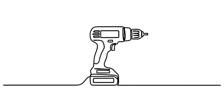 Handheld cordless electric drill tool in continuous black line art style for construction repair and maintenance projects.