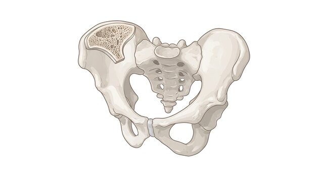 Anatomical illustration of human pelvic bone structure isolated on white background.