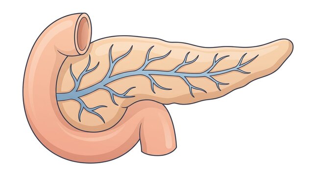 Anatomical illustration of the human pancreas with the duodenum and pancreatic duct.