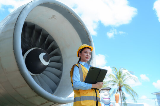 Female aerospace engineer inspecting a jet engine turbine outdoors while using a tablet for aircraft maintenance and technical inspection.