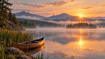 Fototapeta premium wooden canoe rests at edge of misty lake as sunrise lights water and distant mountains. quiet wilderness travel and outdoor adventure; banner and website header.