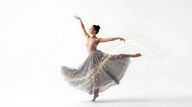 Graceful ballerina in a grey dress dancing with magical glowing light trails