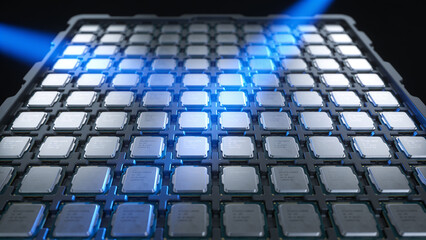 Fototapeta premium Of a moulded tray of processors in a perfect grid