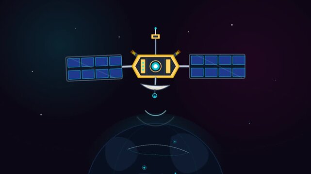 Flat vector illustration of a communication satellite orbiting the blue planet Earth in space.