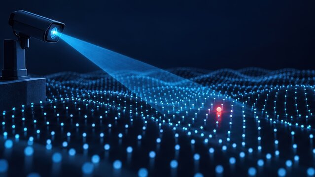 security camera scanning digital data network with blue beam and red alert point. cybersecurity, surveillance and anomaly detection concept; technology banner and website header.