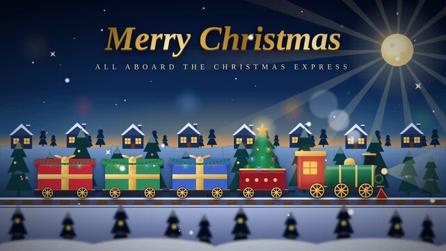 Animated Christmas Express Train with Presents and Tree on Winter Night