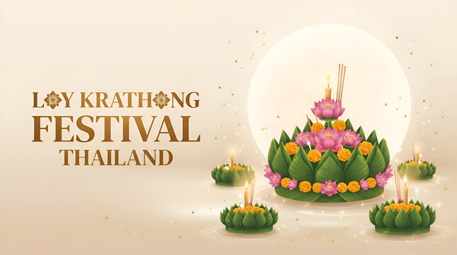 3d rendering illustration Loy Krathong festival and Yi Peng festival in thailand krathong from banana leaves, flowers, candles and incense sticks, fullmoon, river, and night background
